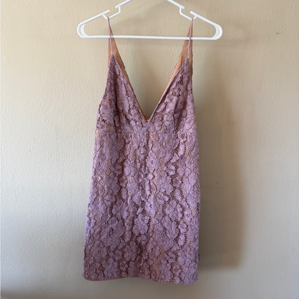 Free People Chenille Corduroy Lace Empire Waist Mauve V-Neck Mini Dress size 2